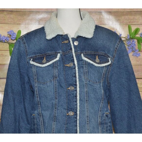 Time And Tru Denim Blue Jean Trucker Jacket Size S 4-6 Sherpa Lined Pockets Warm - Picture 2 of 11